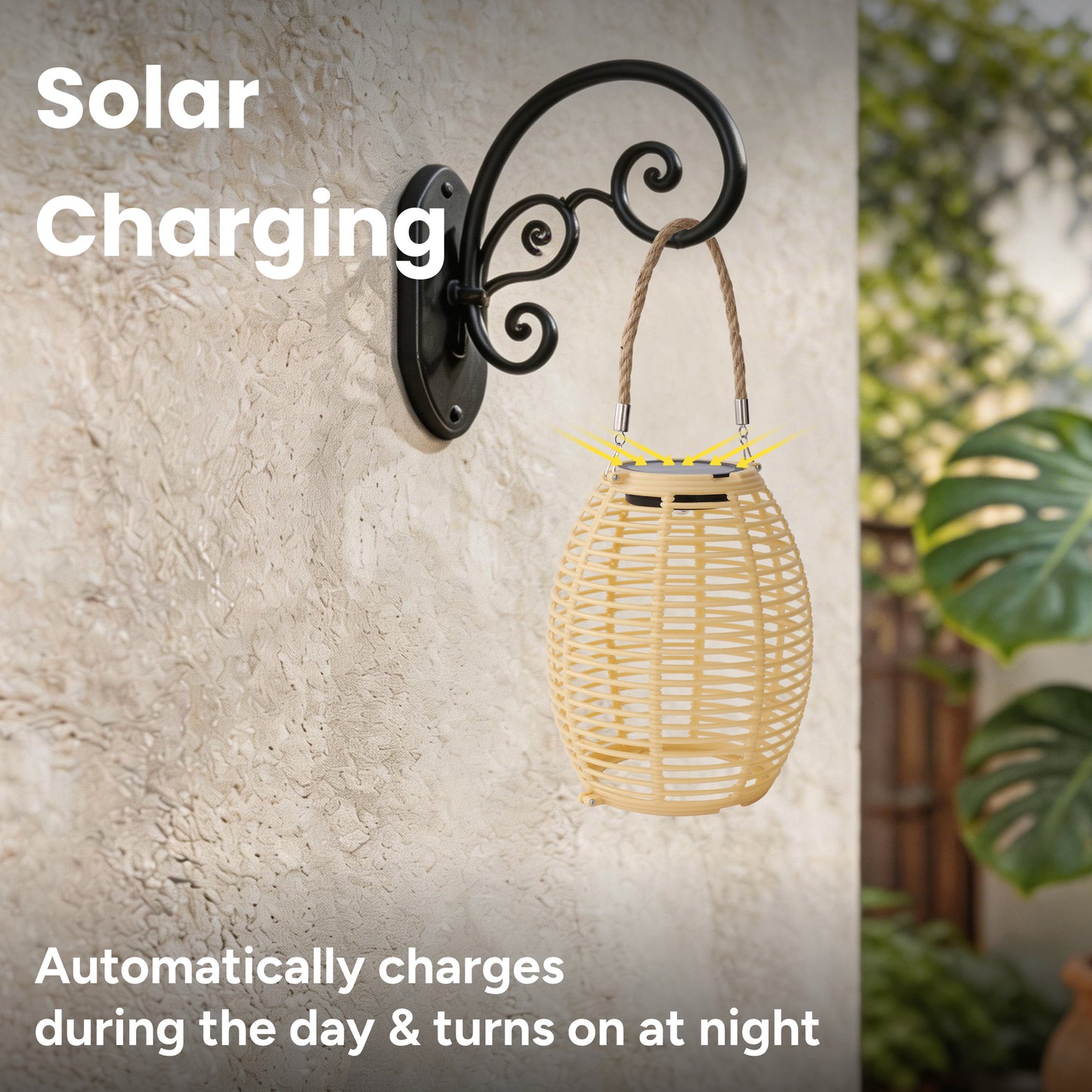 Outdoor Solar Rattan-Style Round LED Lantern with Handle