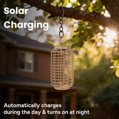 Outdoor Solar Rattan-Style Cylindrical LED Lantern with Handle