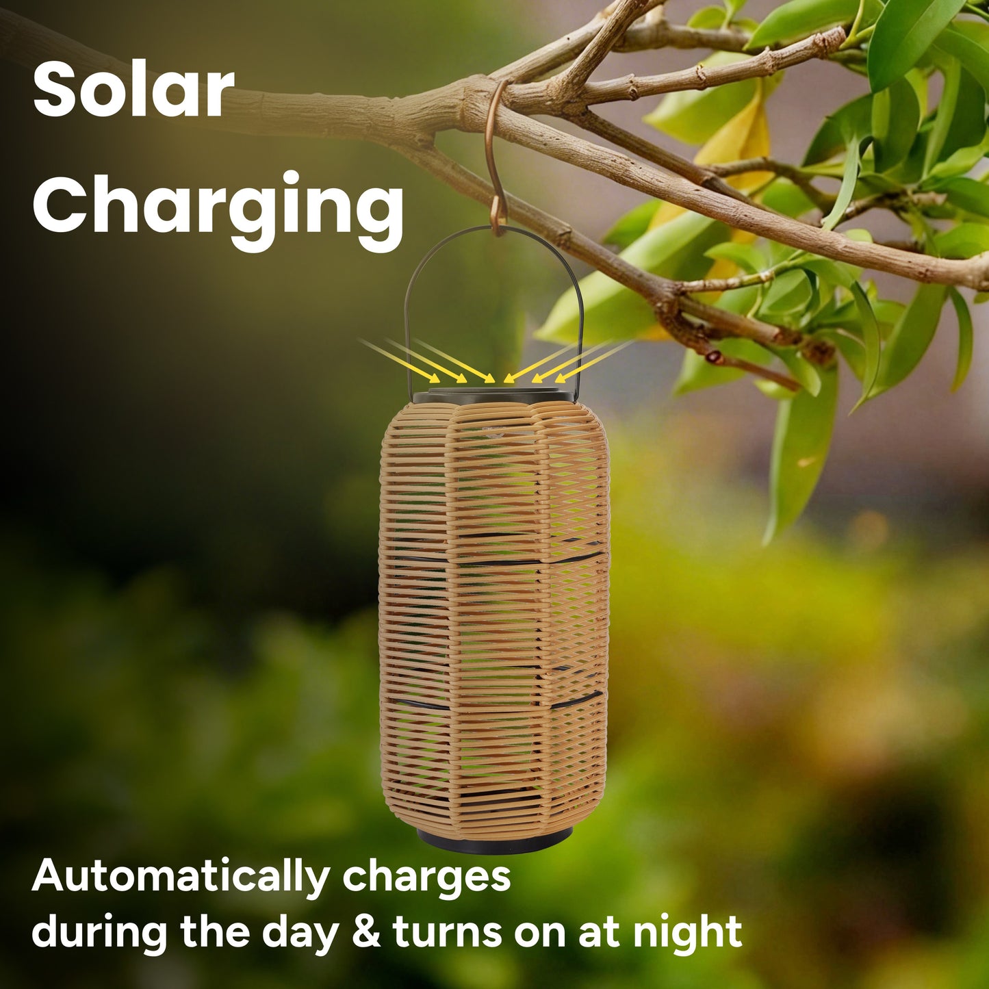 Outdoor Solar Rattan-Style Medium LED Lantern with Handle