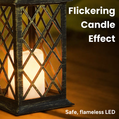 Solar Vintage Metal Candle Lantern with Metal & Glass
