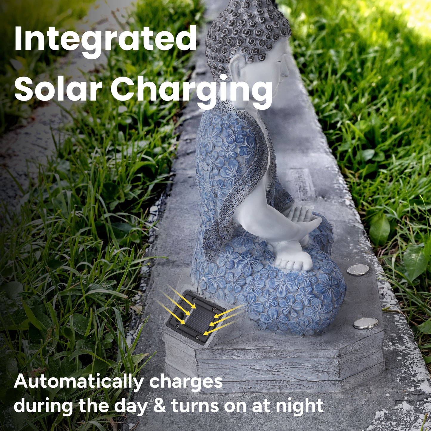 Meditating Buddha Statue with Integrated Solar Base Uplighting