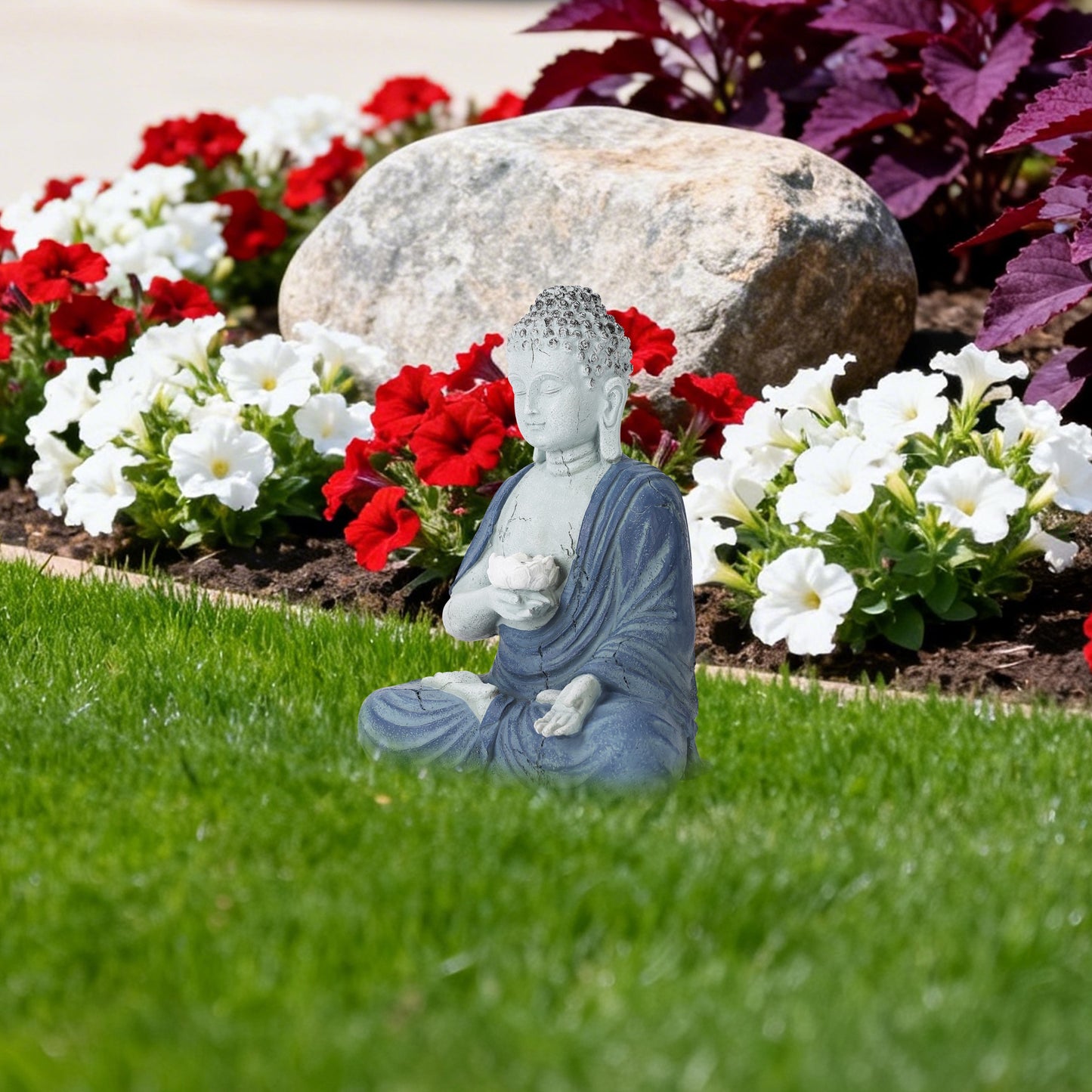 Outdoor Solar Buddha Lotus Garden Statue with Integrated LED Light