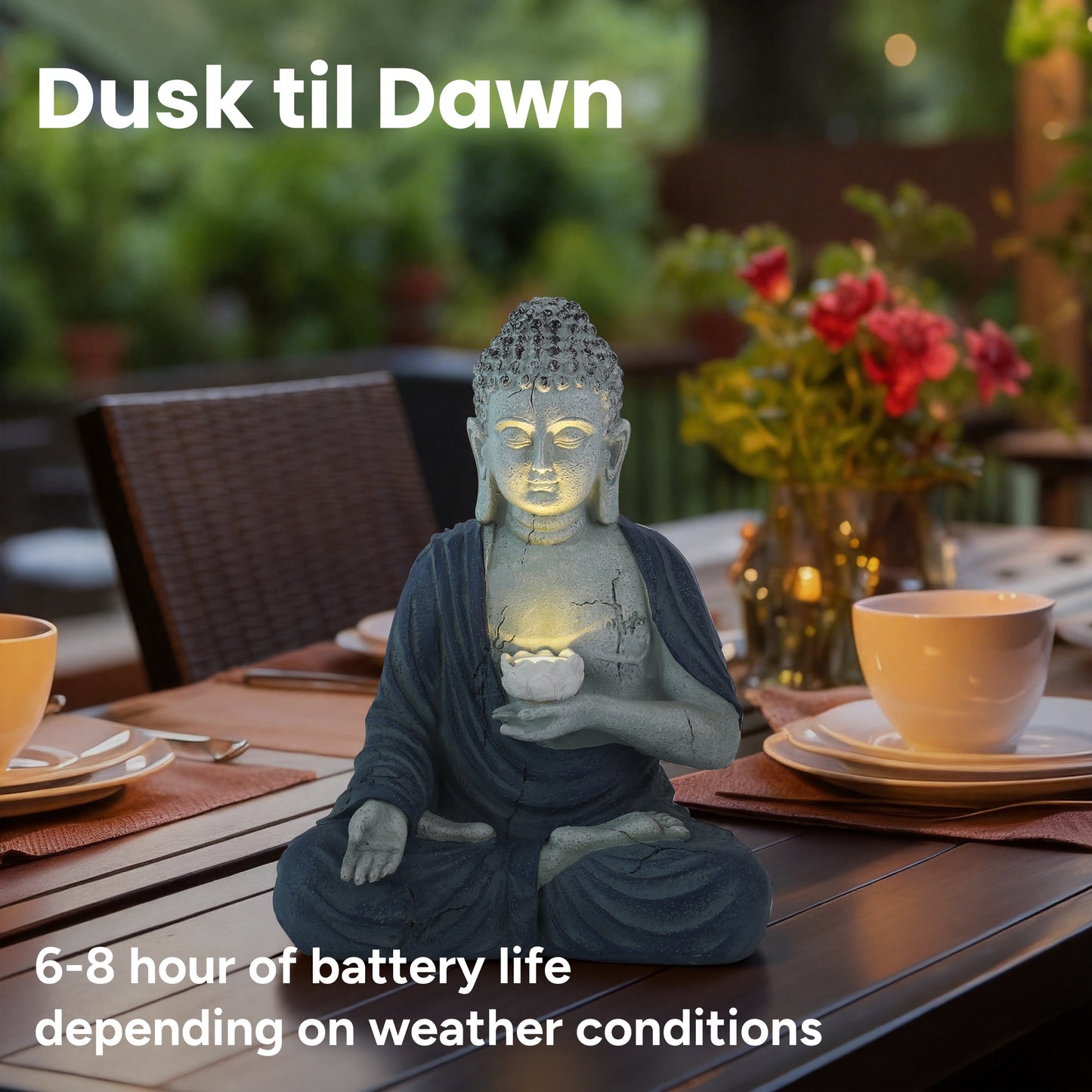 Outdoor Solar Buddha Lotus Garden Statue with Integrated LED Light