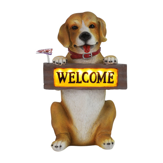 Barkley the Greeting Puppy Solar Outdoor Garden Statue with Integrated LED Light