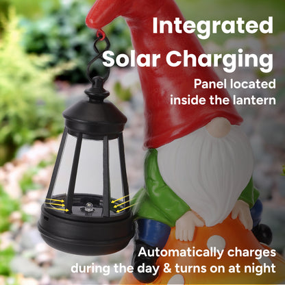 Pip Mushcap Outdoor Solar Gnome Statue with Integrated LED Lantern