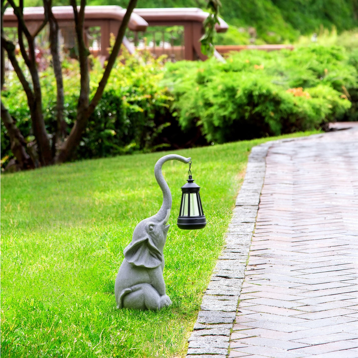 Sunny the Elephant Outdoor Solar Garden Statue with Integrated LED Lantern