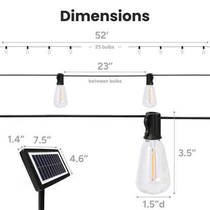 Solar 25-Bulb LED String Lights - 52ft w/ USB Charging